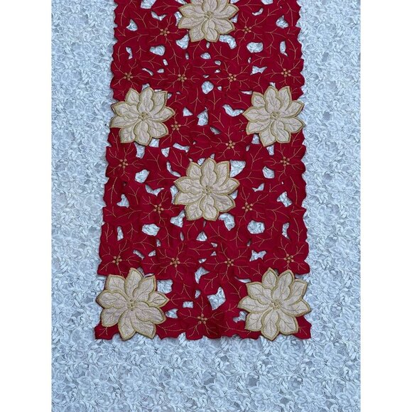 Christmas Flower Rectangular Embroidered Table Runner Red Gold Flower 68x12 - Picture 6 of 9